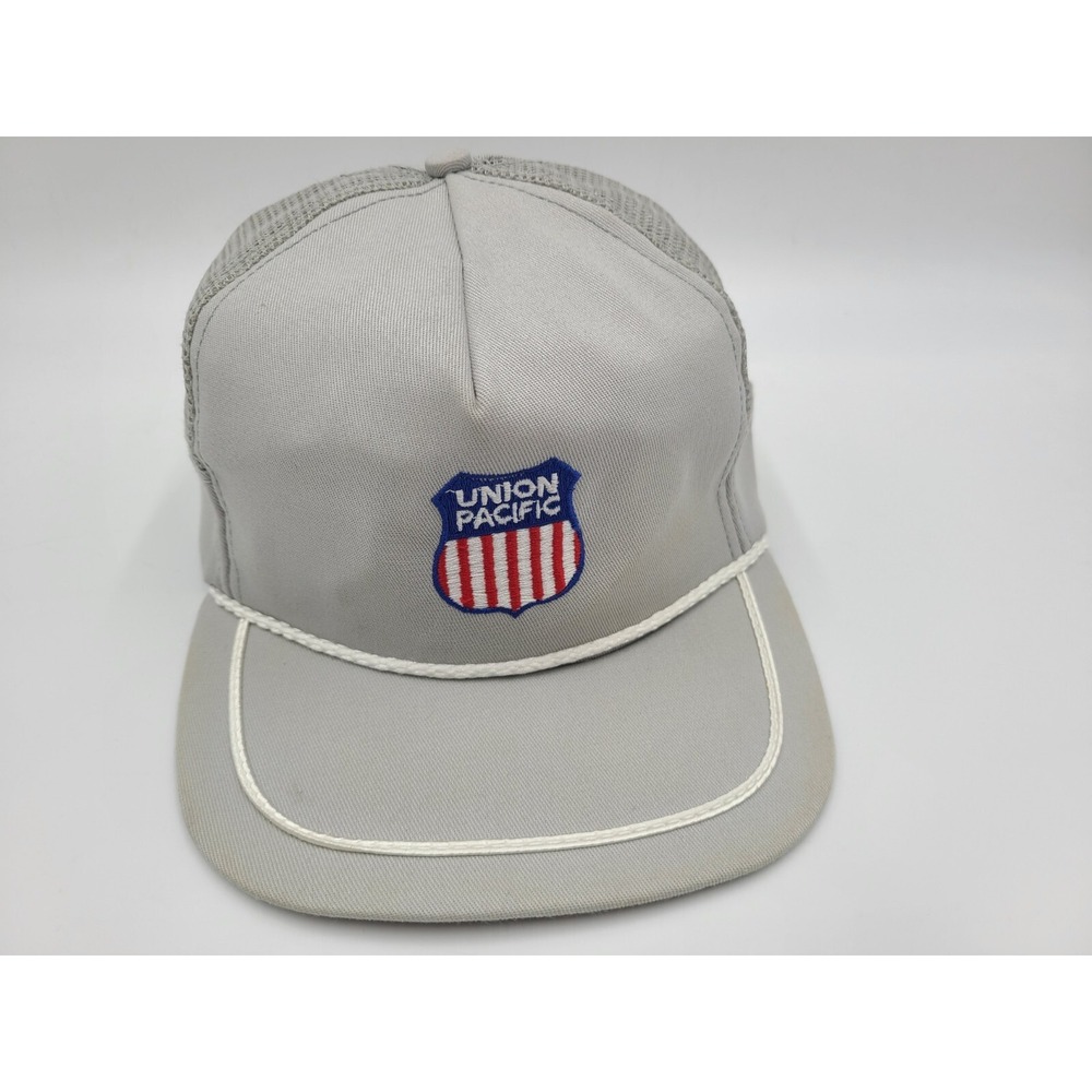 Vintage Union Pacific Railroad Rope Mesh Trucker Snapback Hat Cap Gray Made USA